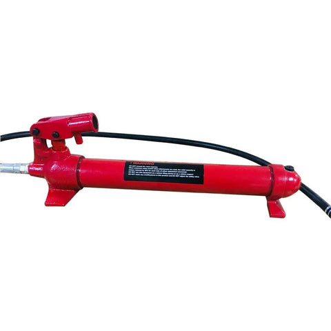 10 Ton Hydraulic Hand Pump Ram For Heavy Duty Lifting And Auto Repair Tool shown with hose and red enamel finish