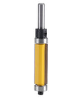 Heavy Duty 1 Inch 4 Flute Flush Trim Router Bit With Dual Bearings For Precise Template Trimming And Edge Profiling On Plywood And MDF Woodworking Projects, showing yellow heat coating and carbide.