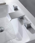 Waterfall Spout Bathroom Sink Faucet In Polished Chrome For Three Hole Widespread Setup With Double Square Handles Solid Brass Construction Sleek Modern Design Easy Hot And Cold Control High Flow Water Delivery