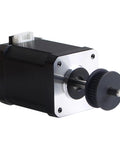 NEMA 17 stepper motor, 42x60 mm body, black housing with silver faceplate and belt pulley