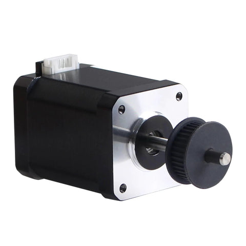 NEMA 17 stepper motor, 42x60 mm body, black housing with silver faceplate and belt pulley