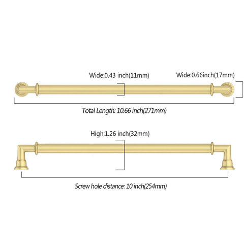 Top Notch Brushed Gold Cabinet Handles And Drawer Pulls For Kitchen Cupboards Rust Proof Metal Hardware Absolutely No Sweat Setup Heavy Duty Build Quality 10 Pack, 10.66 inch handle shown.