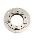 Front view of 360° bidirectional rotating hinge flange in 304 stainless steel with 75mm mounting hole and six bolts.