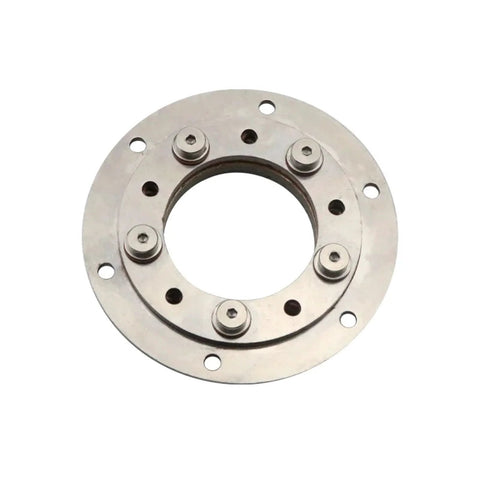 360-degree rotating hinge flange in stainless steel with six mounting holes and a large central bore