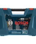 Bosch MS4091C 91-piece drill and drive bit set in blue plastic carrying case, front view.