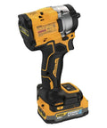 3/8 Inch Compact Impact Wrench Kit Delivers Sweet Torque And Snappy Action For Fast Bolt Removal shown at an angle with battery pack.