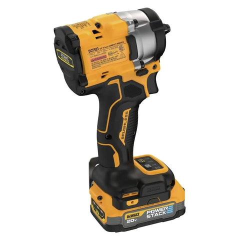 3/8 Inch Compact Impact Wrench Kit Delivers Sweet Torque And Snappy Action For Fast Bolt Removal shown at an angle with battery pack.
