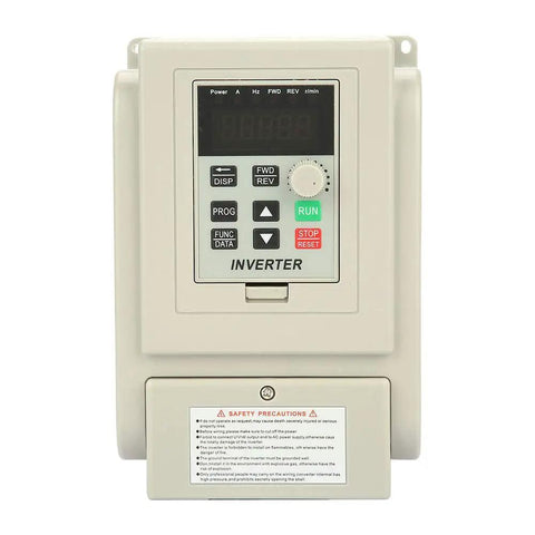 Front view of Pro Grade 3HP 2.2kW 220V VFD Drive Inverter Converts Single Phase to 3 Phase For 2.2kW AC Motors with control panel