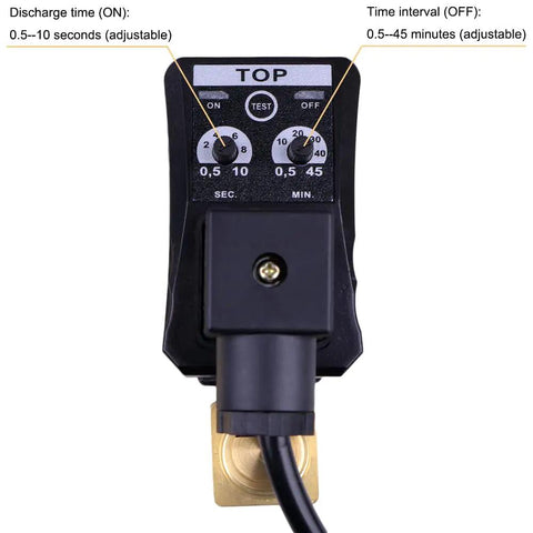 Close-up of Half Inch AC 110V Automatic Timed Drain Valve For Air Compressor Tank showing discharge and time interval settings.