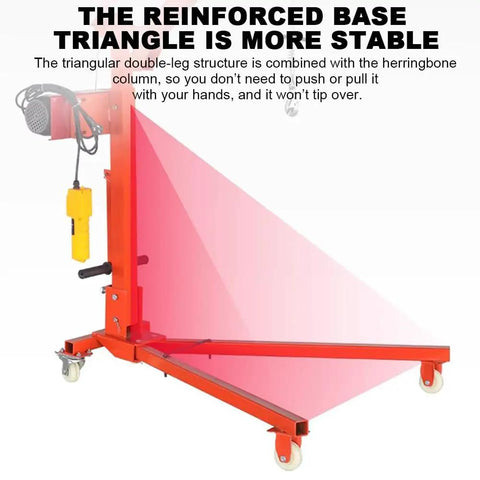 Heavy Duty Electric Hoist Crane base showing triangular double-leg design for stability, perfect for home garages and pro shops.