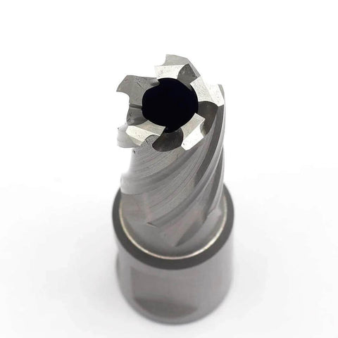 Annular cutter with Weldon shank, 5/8 in diameter, 1 in depth, HSS, front view
