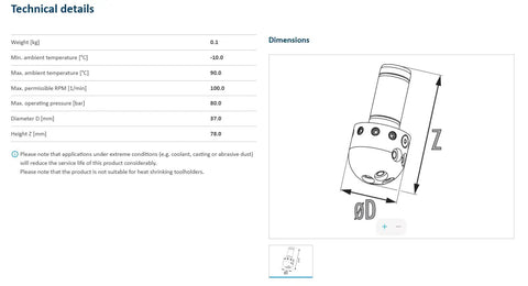 Technical drawing of RGG20 308590 Milling Machine Cleaning Tool With Air Or Hydraulic Actuation, showing dimensions ØD 37 mm, Z 78 mm