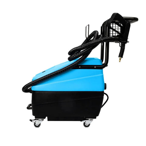 Pro Grade Heavy Duty Commercial Steam Cleaner 1750W 5 Gallon Tank 115 Psi side view with hose and wheels.