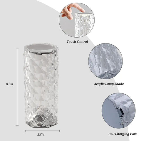 Lit Crystal Diamond Portable Table Lamp With 3 Color Touch Control, showing dimensions, touch control, and USB port