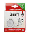 Front view of Bialetti replacement gasket and filter set for 6-cup espresso maker; includes 3 rubber rings and filter plate.