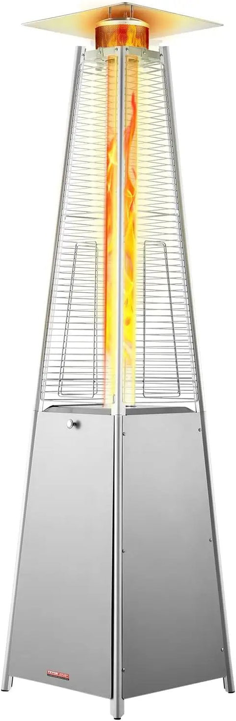 Pyramid Style Three Bolt Patio Heater Glass Tube Control Box Assembly For 47,000 BTU Units in silver frame with visible flame