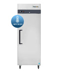 Heavy-Duty Commercial One-Door Reach-In Freezer Featuring Slick Silver Stainless Steel Build And Heavy-Gauge Adjustable Wire Bins, Legit 23-Cubic Feet Zero Frost Capacity with digital thermometer.