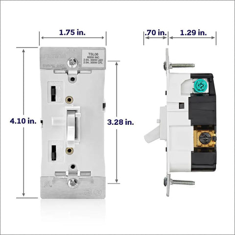 Toggle Slide Dimmer Switch For Dimmable LED, Halogen And Incandescent Bulbs, TSL06-1LW White, Slim Profile, dimensions view