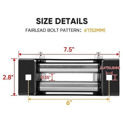6 Inch Winch Roller Fairlead Cable Guide For 4000-5500 Lbs UTV Winches Beefy Built Synthetic Rope Protector Reduces Friction Smooth Durable Roller Fairlead For Off Roading Adventures, size details