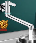 Rotatable Wall Mounted Cold Water Faucet Single Lever Kitchen Sink Tap 304 Stainless Steel for Mop Pool Utility Extended Spout Silver(25cm) with swivel spout pouring water into a pot.