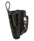 Side view of black leather 8 Pocket Tool Pouch With Tunnel Belt Loop For Real Pros Durable Leather Construction Four Large Utility Pockets Two Pliers Pockets Two Screwdriver Pockets Knife Snap Fits Belts Up To Two And A Half Inches