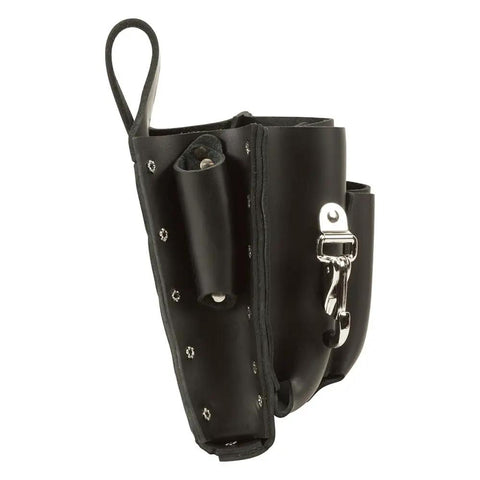Side view of black leather 8 Pocket Tool Pouch With Tunnel Belt Loop For Real Pros Durable Leather Construction Four Large Utility Pockets Two Pliers Pockets Two Screwdriver Pockets Knife Snap Fits Belts Up To Two And A Half Inches
