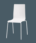 Minimalist modern white chair with sleek metal legs on a dark blue background
