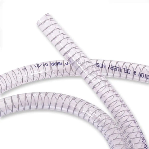 Half Inch PVC Reinforced Tubing With Spiral Steel Wire 25 Ft Built Tough High Pressure Flexible Vinyl Hose coiled on white background