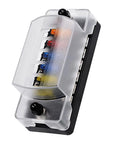 Rock Solid Six Way Fuse Block With Ground Rail Blade Fuse Panel For 12V And 24V Rides showing clear cover and colorful fuses.