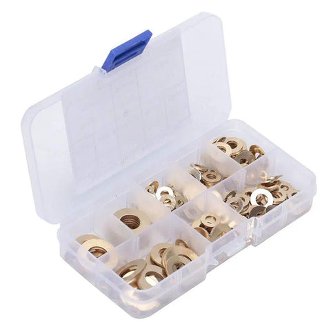 Pro-Grade Brass Flat Washer Set 360-Piece Assortment For Mechanical Maintenance M2 To M10 Sizes Reduces Friction Prevents Leakage Disperses Pressure Precounted In Separate Packages For Easy Quick Picks in plastic organizer case