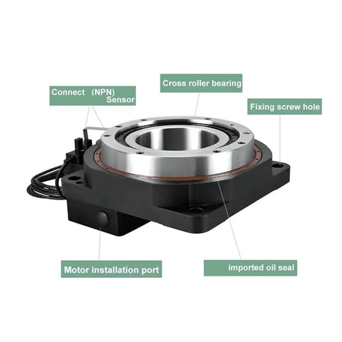 No Sweat Circular Motor Electric Indexer Disc Delivering Rock Solid Angle Adjustment Table With Seamless 360 Degree Hollow Rotary Platform For Daily Shop Hustle, showing cross roller bearing and sensor connections.