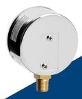 SENCTRL 0-30 in. water-column gauge, chrome capsule body, 2.5 in. dial, 1/4 in. NPT bottom mount (side view).