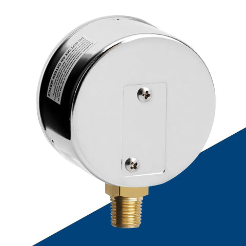 SENCTRL 0-30 in. water-column gauge, chrome capsule body, 2.5 in. dial, 1/4 in. NPT bottom mount (side view).