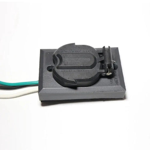 Heavy Duty Grounded Outdoor Convenience Outlet, Weather Resistant Lam Post Electrical Plug, rugged waterproof socket from a side angle.