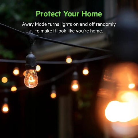 String lights showing WiFi Smart Outdoor Plug With Two Weather Resistant Outlets feature for controlling lights via free app.