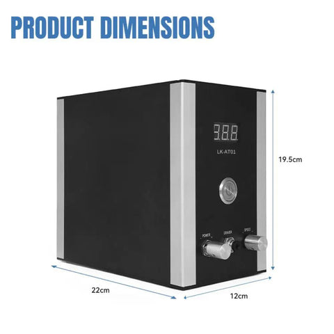 Air-Free Pneumatic Engraving Machine For Jewelry With Compact Space-Saving Design And Built-In Air Compressor dimensions shown