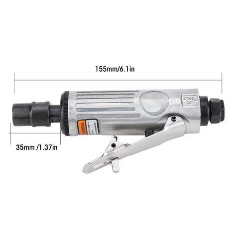 Badass Air Die Grinder Kit With 25000 RPM Speed And Quick Chuck Design Includes Lock Off Throttle Plus Extra Grinding Heads For Nitty Gritty Metalwork And Garage Projects side view showing dimensions and safety throttle.