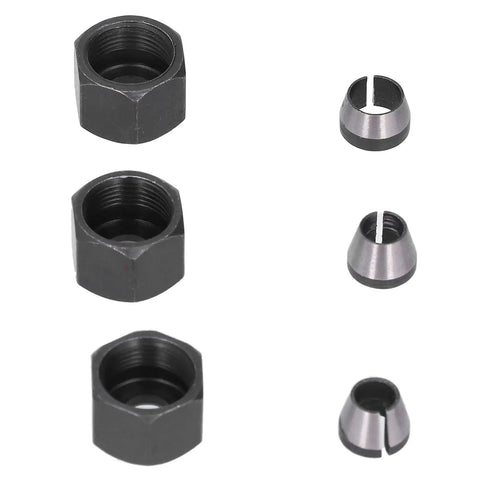 Router Collet Replacement Kit Carbon Steel 6mm 6.35mm 8mm with nuts, showing three collets and nuts for engraving machines.