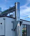 Built Tough Double Wall Stainless Steel Grease Duct 14 Inch Round 90 Degree Elbow Pre Insulated Commercial Exhaust Vent on rooftop.