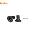 M4 X 8Mm Flat Head Torx Machine Screws With T20 Star Drive And Full Threads, black oxide finish, pack of 20 screws.