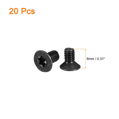 M4 X 8Mm Flat Head Torx Machine Screws With T20 Star Drive And Full Threads, black oxide finish, pack of 20 screws.