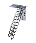 Pro Grade Electric Heavy Duty Retractable Attic Ladder With Hella Tough Aluminum Frame And Wide Non Slip Steps, shown from the side.