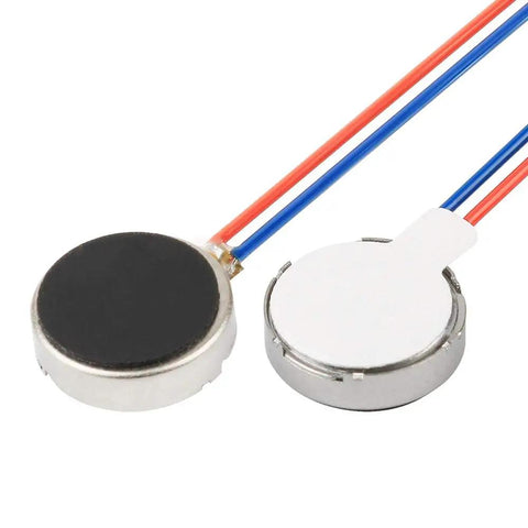 Two Twenty Pieces 10x3mm DC 3V Micro Flat Coin Vibration Motors with 50mm cable, showing front and back details.