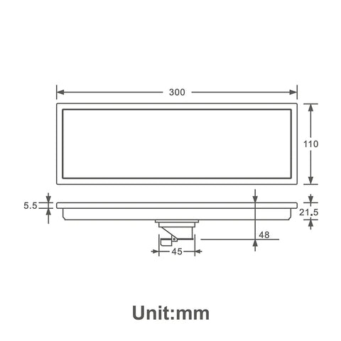 Top Shelf 304 Stainless Steel Linear Floor Drain Tile Insert Slick Rectangle Shower Drain dimensions diagram, 30x11 cm.