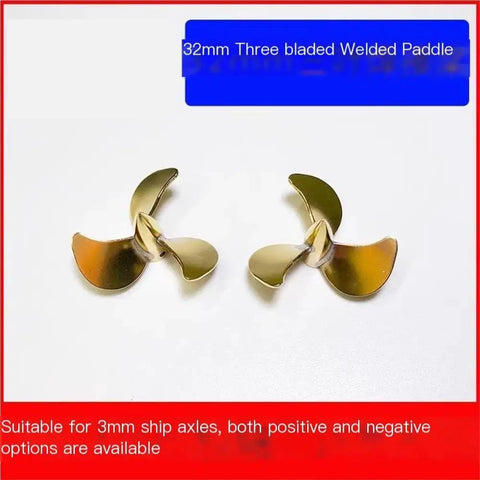 32mm Brass Right Hand Three Blade Propeller for RC Submarines with M3 Shaft Hole Scale Model Propeller pair on white background