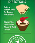 Top Shelf Unbleached Coffee Filters Size Four fits eight to twelve cup brewers with usage directions illustrated.
