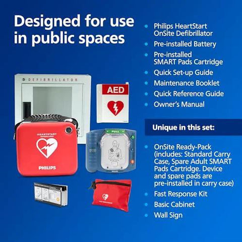 Philips HeartStart OnSite AED defibrillator red unit with portable carry case and assorted kit components