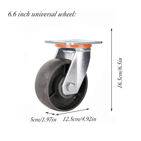 4 Pack Heavy Duty Cast Iron Swivel Caster Wheels With Silent Roll Design For Furniture Tables Garage Workbenches Built Tough To Glide Smooth Like Butter On Any Floor, 6.6 inch universal caster wheel with stainless steel bracket.