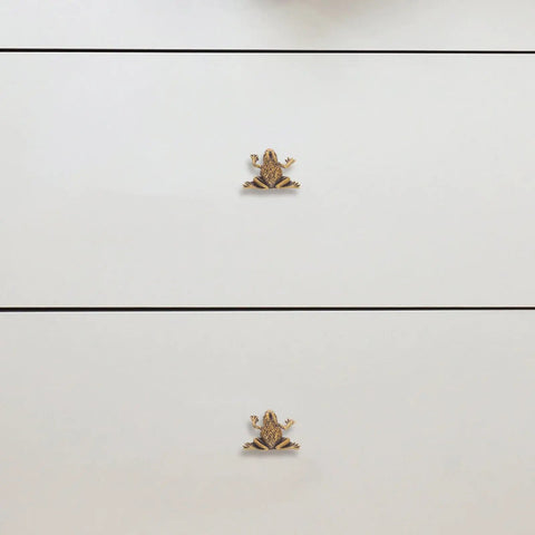 Vintage Brass Frog Cabinet Knob With Lucky Toad Motif Antique Chinese Door Handle on white dresser