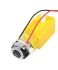 Yellow compact DC gearbox motor for Arduino robots with wiring harness, showcasing durable materials and easy installation.